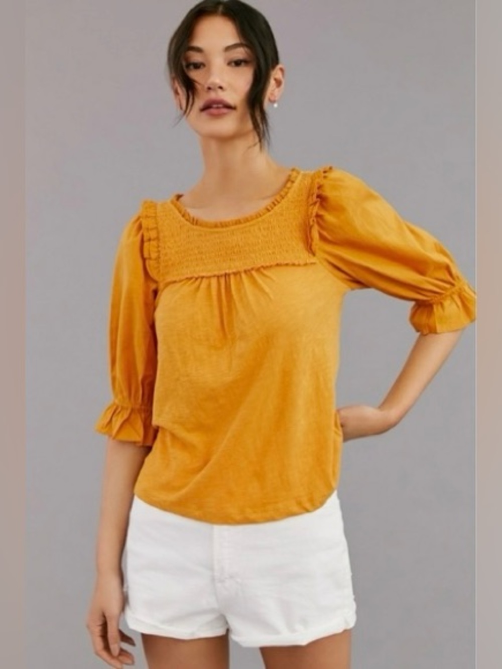 Anthropologie Smocked Puff Sleeve Mustard‎ Shirt XS Basic Cottagecore Casual